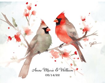 Watercolor Cardinal Wall Art Print For Living Room, 1st Anniversary Gift For Wife, Personalized Couples Art Above Bed Decor, Cardinal Gifts