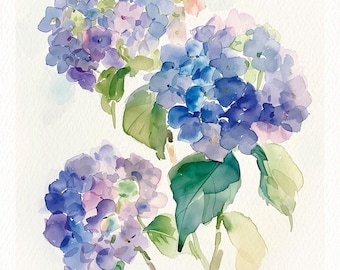 Blue Hydrangea Watercolor Print, Floral Soft Color Painting, Grand Millennial Wall Art, Botanical Decor Gift For Her, Minimalist Flower Art