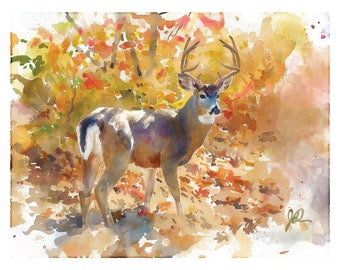 Whitetail Deer Print, White Tailed Deer Watercolor, Buck Painting Fine Art, Fathers Day Hunting Gift For Men, Wildlife Camping Cabin Decor