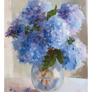Impressionist blue hydrangeas art print with rich colors and expressive brushstrokes, ideal for Southern style homes and Lowcountry-inspired decor.