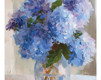 Blue Hydrangea Fine Art Print, Grandmillennial Decor, Charleston Botanical Wall Art, Southern Coastal Oil Painting, Lowcountry Gift For Her