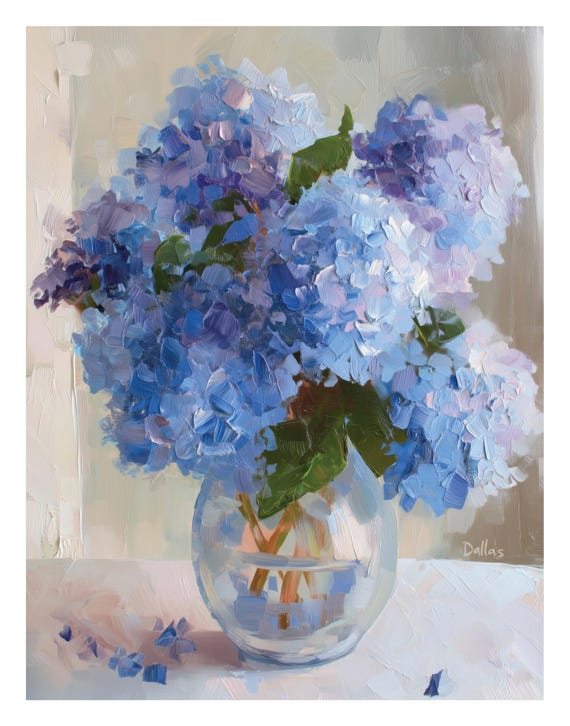 Blue Hydrangea Fine Art Print, Grandmillennial Decor, Charleston Botanical Wall Art, Southern Coastal Oil Painting, Lowcountry Gift For Her