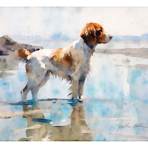 Brittany Spaniel Watercolor Print | Brittany On The Beach | Fine Art Giclee | Bird Dog, Hunting Dog, Beach Decor | Brittany Spaniel Gift