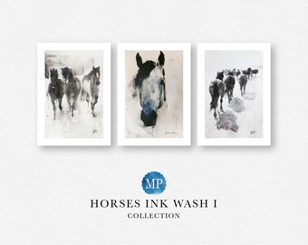 Horses Ink Wash Collection, Watercolor Wall Art Print Bundle, Black And White Mid Century Modern Painting, Southwestern Decor Gift, Set of 3