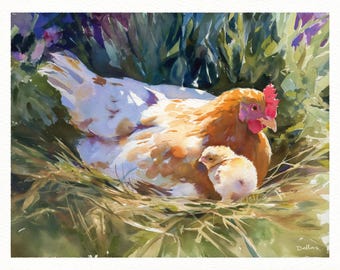 Chicken Art Print, Watercolor Hen With Chick, Chicken Gift for Farmhouse Decor, Cottagecore Wall Art, Rustic Decor, Country Kitchen Print