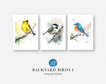 Backyard Birds Collection, Small Watercolor Wall Art Print Bundle, Set Of 3 Decor Paintings, Chickadee Goldfinch Bluebird, Bird Lover Gift