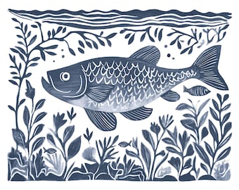 Navy Blue Fish Watercolor Print, Bass Carp Wall Art Painting, Linocut Block Print Matisse Style Decor, Mid Century Modern Japandi Boho Gift