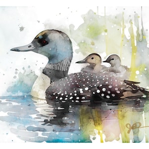 Loon With Chicks Watercolor Print Bird Painting Giclee Wall Hanging Fine Art Wildlife Beach Ocean Marsh Lake Decor Bird Watcher Birder Gift