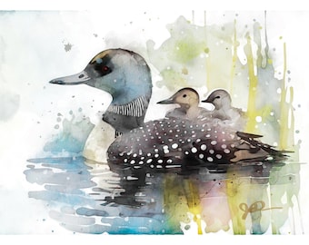 Loon With Chicks Watercolor Print Bird Painting Giclee Wall Hanging Fine Art Wildlife Beach Ocean Marsh Lake Decor Bird Watcher Birder Gift