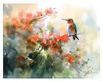 Hummingbird Watercolor Print, Ruby Throated Hummingbird Painting, Birder Art, Wildlife Decor, Bird Watcher Gift, Garden Flowers Nature Art