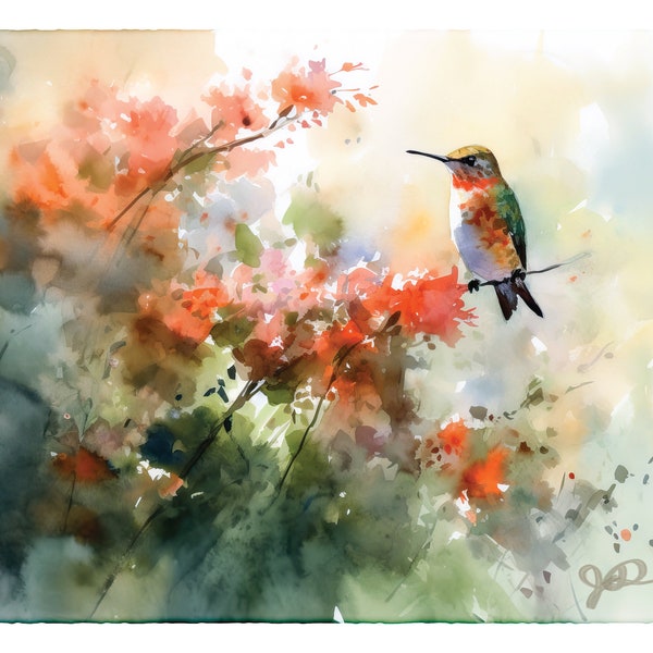 Impresión de acuarela de colibrí, pintura de colibrí garganta rubí, arte de observación de aves, decoración de vida silvestre, regalo para observadores de aves, arte natural con flores de jardín