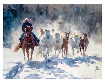 Horse Wall Art, Cowboy Art Print, Western Decor, Montana Ranch Watercolor Painting, Fine Art Giclee, Wild Horses Artwork, Horse Lover Gift