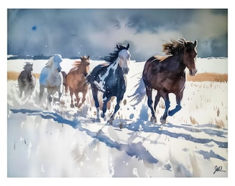 Wild Horse Watercolor Print, Western Wall Art, Fine Art Painting, Rustic Decor, Equestrian Artwork, Horse Lover Gift, Montana Snow Landscape