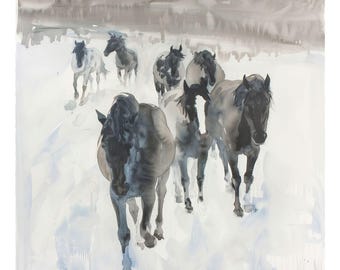 Horses In Snow Watercolor Ink Wash Print, Southwestern Wall Art, Santa Fe Decor, Monochrome Black And White Minimalist Abstract, Horse Gift