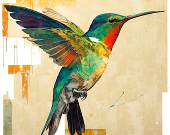 May include: A vibrant, colorful hummingbird with green, blue, red, and yellow feathers. The bird is in mid-flight with its wings spread out. The background is a textured, abstract design with shades of brown, orange, and yellow.