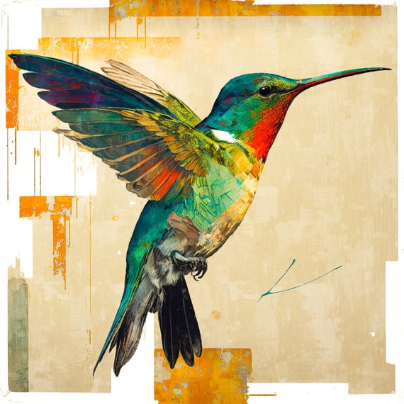 Hummingbird Art Painting Gallery Wrapped Canvas Print Extra Large Wall Art Decor In Flight Wildlife Print Spring Decor Contemporary