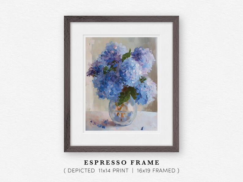 Impressionist blue hydrangeas art print with rich colors and expressive brushstrokes, ideal for Southern style homes and Lowcountry-inspired decor.