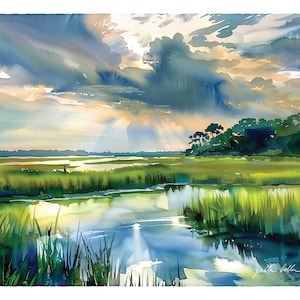 Marsh Painting, Salt Marsh Print, Lowcountry Art, Charleston South Carolina Watercolor, Gift For Her, Coastal Decor, Sunrise Beach House Art