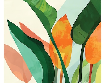 Mid-Century Botanical Still Life Painting, Colorful Boho Wall Art, Minimalist Decor, Modern Art, Abstract Tropical Leaves, Floral Print