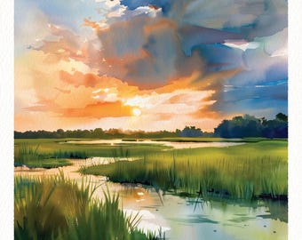 Marsh Painting, Salt Marsh Print, Low Country Art, Charleston South Carolina Watercolor, Gift For Her, Coastal Decor, Sunset Landscape Art