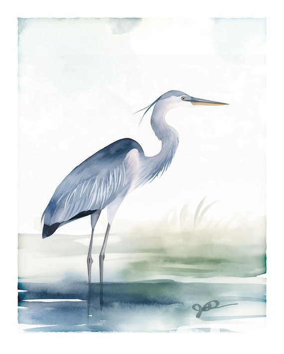 Blue Heron Art Watercolor Print Great Blue Heron Painting Her Giclee Bird Wall Hanging Fine Art Wildlife Decor Bird Lover Gift Coastal Decor