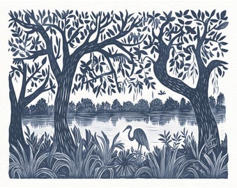 Fine Art Print, Lowcountry Marsh Watercolor Painting, Charleston Landscape, Blue Heron Linocut Style Decor, Coastal Gift, Grand Millennial