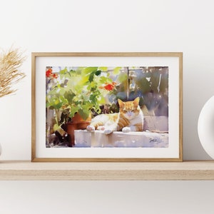 Orange Tabby Cat Print, Ginger Orange Tabby Cat Art, Fine Art Impressionist Watercolor Painting, Cat Lover Gift, Garden Flowers Wall Decor