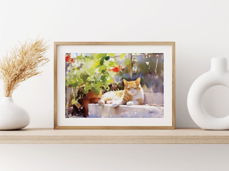 Orange Tabby Cat Print, Ginger Orange Tabby Cat Art, Fine Art Impressionist Watercolor Painting, Cat Lover Gift, Garden Flowers Wall Decor