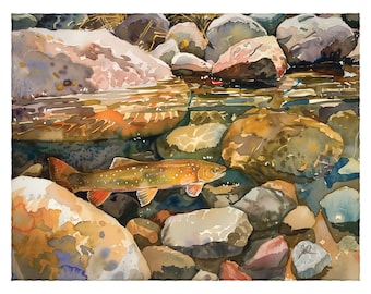 Trout Wall Art, Rainbow Brook Brown Print, Fly Fishing Watercolor Painting, Angler Gift For Him, Cabin Lake House Lodge Decor, Fathers Day