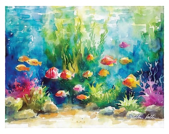Aquarium Fish Art, Aquascape Watercolor Painting, Tropical Fish Print for Aquarist, Fish Keeper Decor, Coral Tank Enthusiast Wall Art Gift