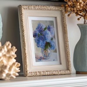 Impressionist blue hydrangeas art print with rich colors and expressive brushstrokes, ideal for Southern style homes and Lowcountry-inspired decor.