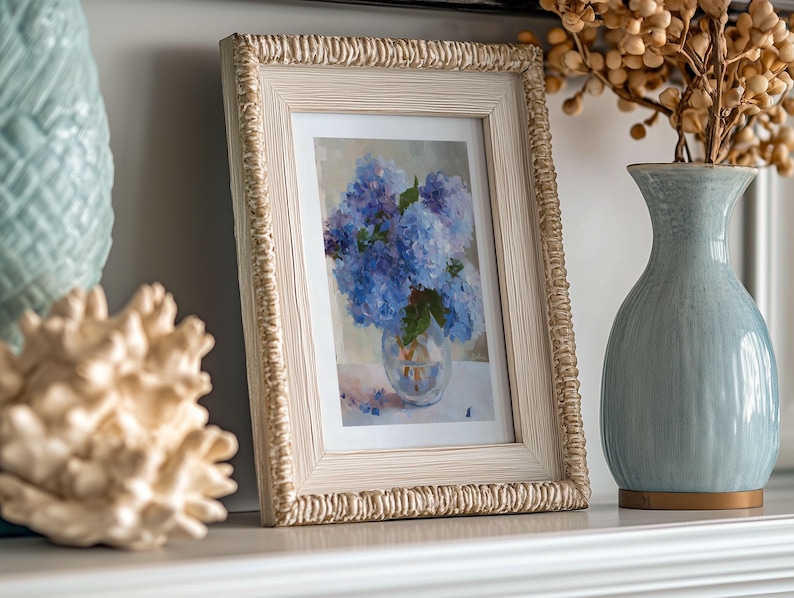 Impressionist blue hydrangeas art print with rich colors and expressive brushstrokes, ideal for Southern style homes and Lowcountry-inspired decor.
