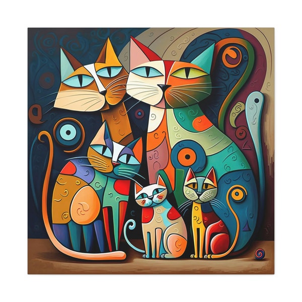 Colorful Cats Gallery Wrapped Canvas, Fine Art Print, Cubist Inspired, Modern Wall Art Decor