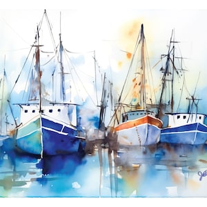 Fishing Boats Watercolor Print, Gulf Coast Wall Art, Plein Air, Abstract Ocean Painting, Gift For Coastal, Sea, Nautical, Beach House Decor