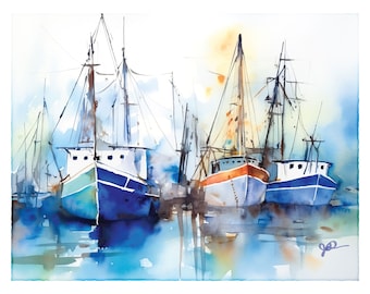 Fishing Boats Watercolor Print, Gulf Coast Wall Art, Plein Air, Abstract Ocean Painting, Gift For Coastal, Sea, Nautical, Beach House Decor
