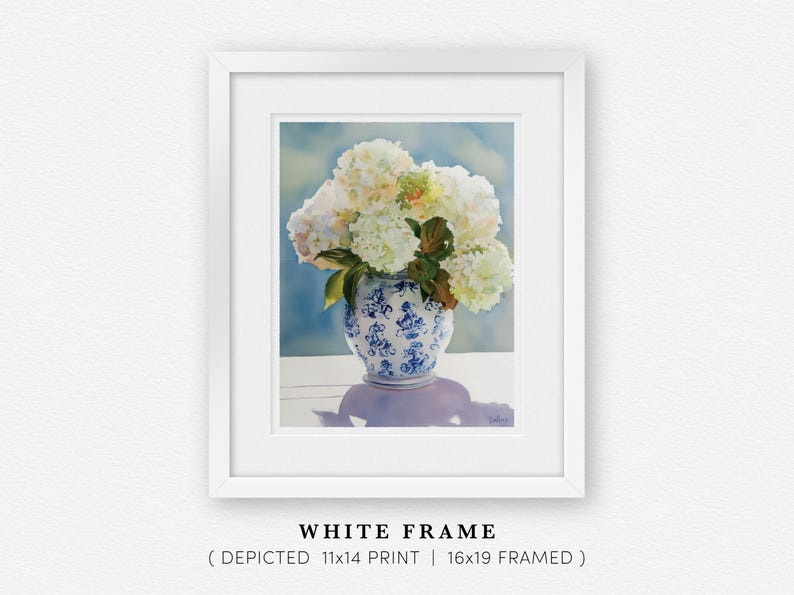 Watercolor print of delicate white hydrangea blossoms in a vintage-style grandmillennial vase, painted with a soft color palette.