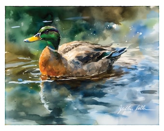 Mallard Duck Watercolor Print | Duck Art On Fine Art Paper | Duck Hunting Impressionist Wall Hanging Fine Art Decor | Mallard Duck Gift