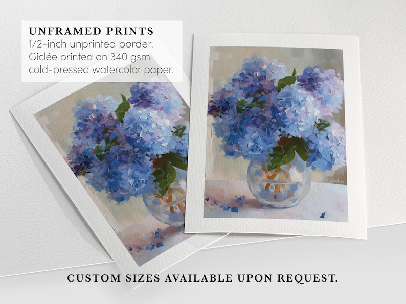 Impressionist blue hydrangeas art print with rich colors and expressive brushstrokes, ideal for Southern style homes and Lowcountry-inspired decor.