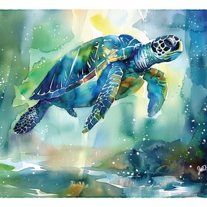 Sea Turtle Watercolor Print, Sea Life Painting for Nursery, Ocean Wall Art Gift, Coastal Beach House Decor, Underwater Marine Art, Framed