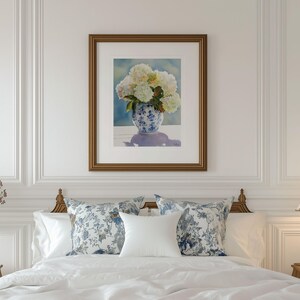 Watercolor print of delicate white hydrangea blossoms in a vintage-style grandmillennial vase, painted with a soft color palette.