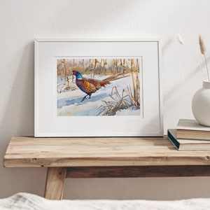 Pheasant Art, Pheasant Hunting Watercolor, Ring-Necked Pheasant Gift For Him, Cabin Lodge Wall Art Decor, Wildlife Painting Office Bedroom