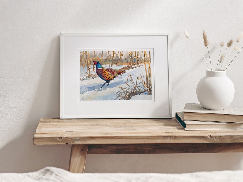 Pheasant Art, Pheasant Hunting Watercolor, Ring-Necked Pheasant Gift For Him, Cabin Lodge Wall Art Decor, Wildlife Painting Office Bedroom