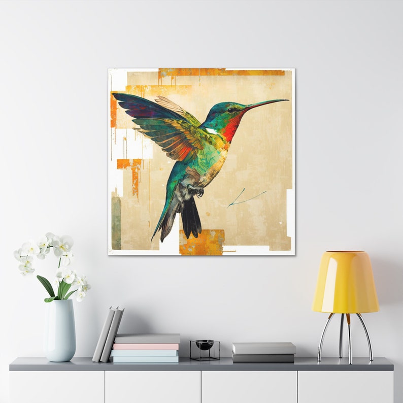 Hummingbird Art Painting Gallery Wrapped Canvas Print Extra Large Wall Art Decor In Flight Wildlife Print Spring Decor Contemporary