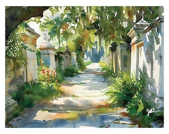 May include: A watercolor painting of a pathway lined with white stone walls and lush greenery. The path leads to a shaded area with trees and foliage. The painting has a soft, dreamy feel.