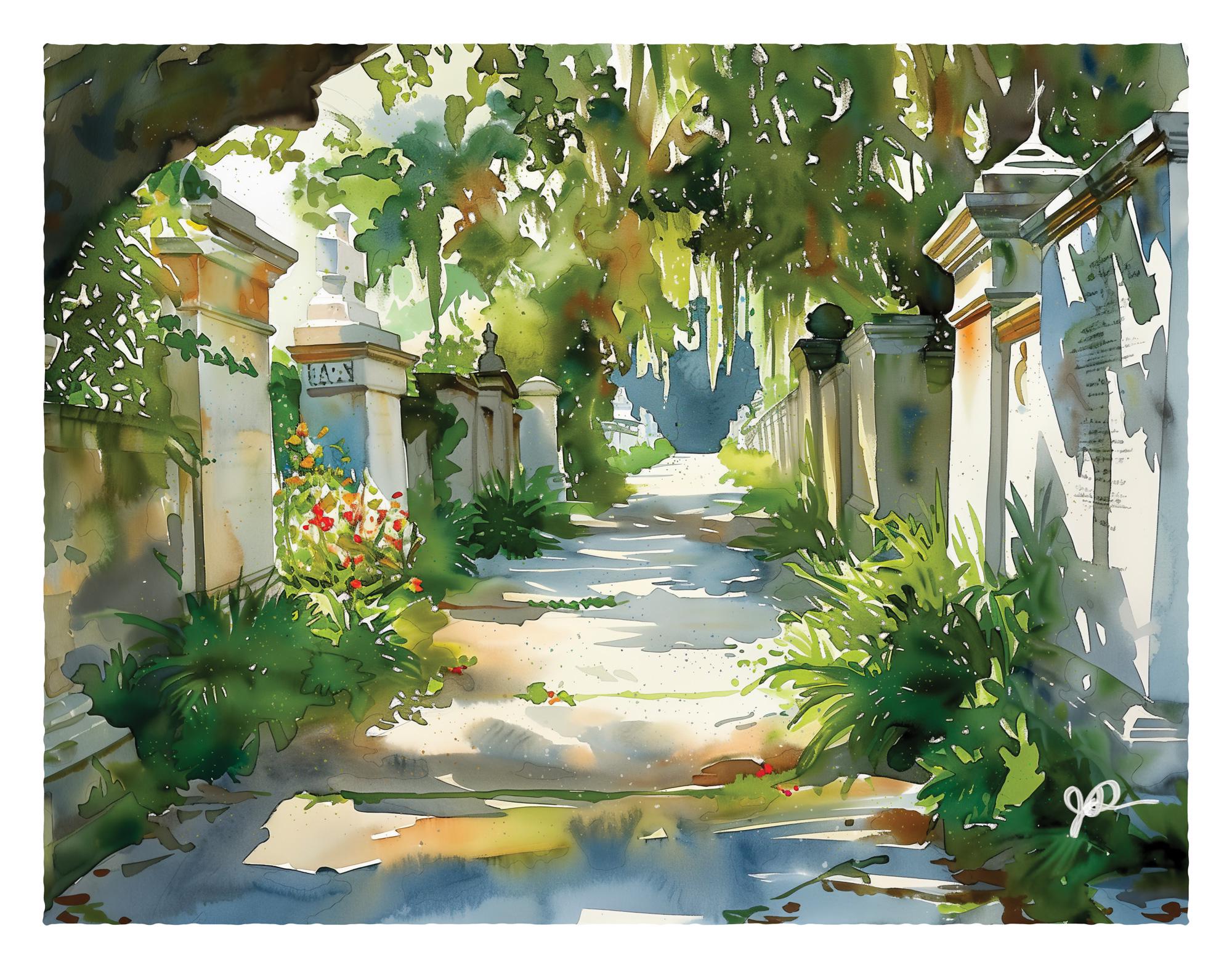 New Orleans Art, Lafayette Cemetery Print, Garden District Watercolor, Southern Louisiana Wall Art Painting, Moody Nola French Quarter Decor