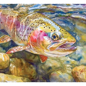 Rainbow Trout Art, Angler Fly Fishing Print For Men, Giclee Fine Art Watercolor Painting, Birthday, Fathers Day Gift, Lake House Cabin Decor