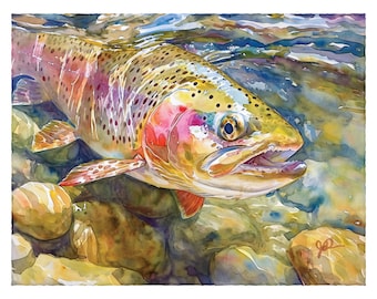 Rainbow Trout Art, Angler Fly Fishing Print For Men, Giclee Fine Art Watercolor Painting, Birthday, Fathers Day Gift, Lake House Cabin Decor