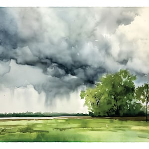 Mississippi Delta Thunderstorm Watercolor Print, Plein Air Minimalist Landscape, Moody Wall Hanging Nature Art Decor, Stormy Contemporary