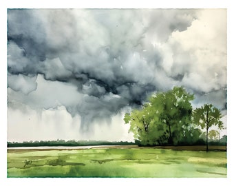 Mississippi Delta Thunderstorm Watercolor Print, Plein Air Minimalist Landscape, Moody Wall Hanging Nature Art Decor, Stormy Contemporary