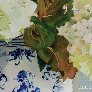 Watercolor print of delicate white hydrangea blossoms in a vintage-style grandmillennial vase, painted with a soft color palette.